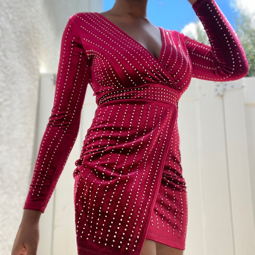 Sexy form fitting red dress with rhinestones